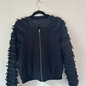Zara Black Bomber Jacket with Fringe Sleeves